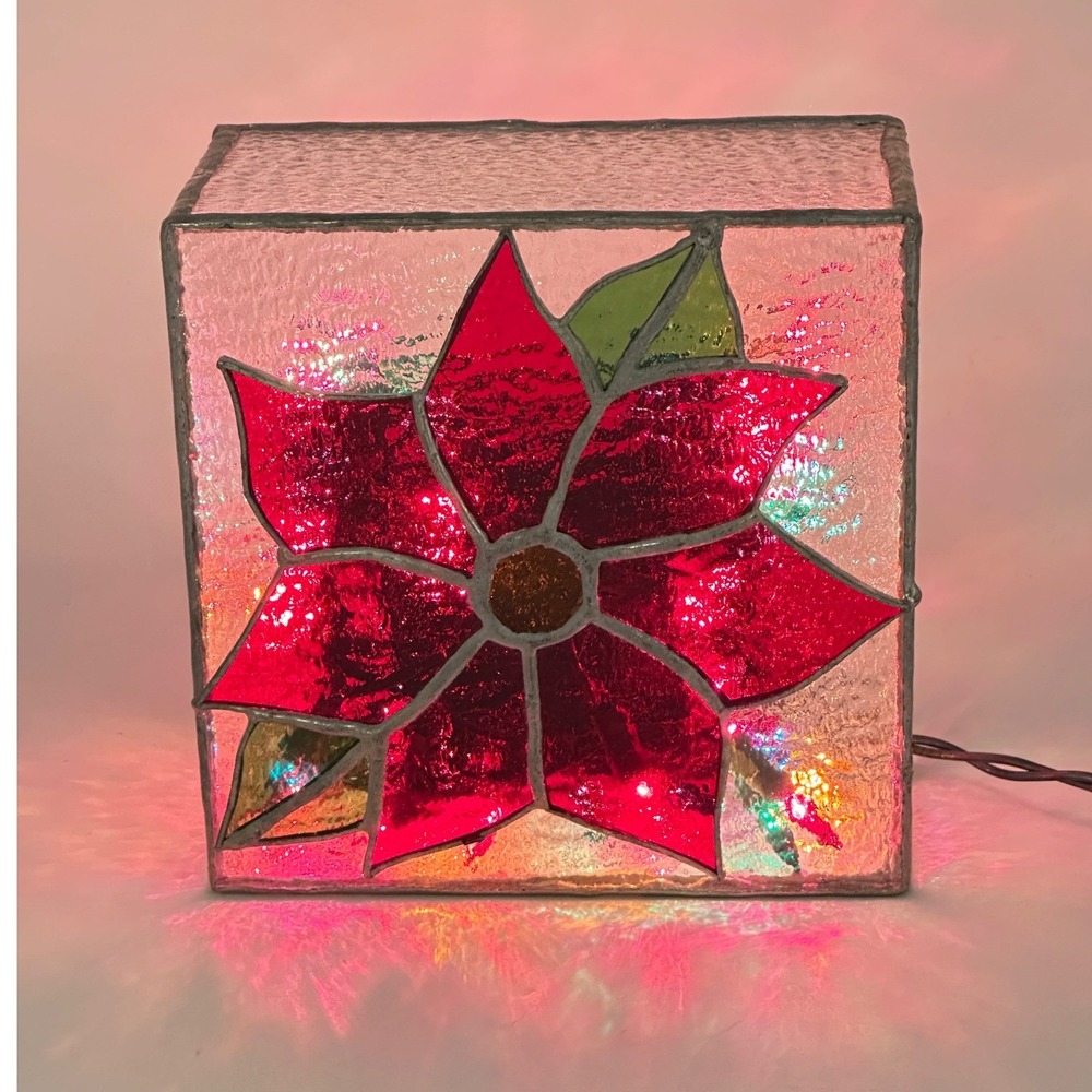 Vintage Stained Glass Poinsettia Light Box Leaded Glass Christmas Decor 6"